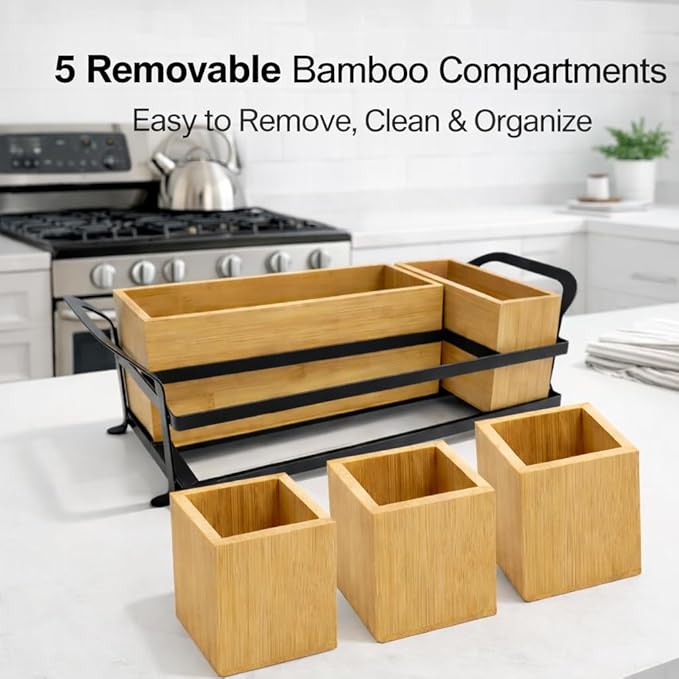 Bamboo Utensil Caddy with Handle - 5 Compartment Silverware Holder for Party & Kitchen Countertop - Removable Wooden Flatware Organizer for Picnic, BBQ, Buffet, RV & Outdoor Dining - Image 3