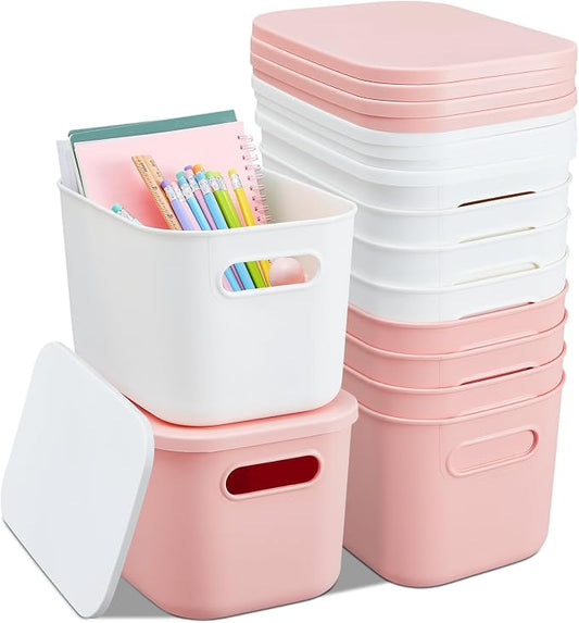 8 Pieces Colorful Storage Bins with Lid, Plastic Storage Basket Organizing Container Stackable Box with Handle for Shelves Desktop Playroom Office(9.8 x 7.1 x 6.3 Inch,White and Pink) by Hoolerry