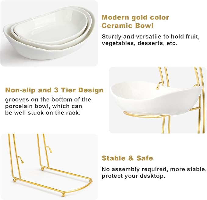 Ceramic Fruit Bowl for Kitchen Counter, Fruit Basket with Metal Stand, Tiered Fruit Rack for Countertop, Modern Serving Bowl for Party Dessert, Vegetable, Snack (White) - Image 4