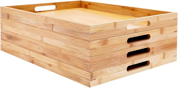 4 Pack Bamboo Serving Tray with Handles Kitchen Large Food Bamboo Tray Couch Tray Tea Decorative Serving Pallet for Dinner, Breakfast, Table Snack, 18.1×13×1.4In - Image 8