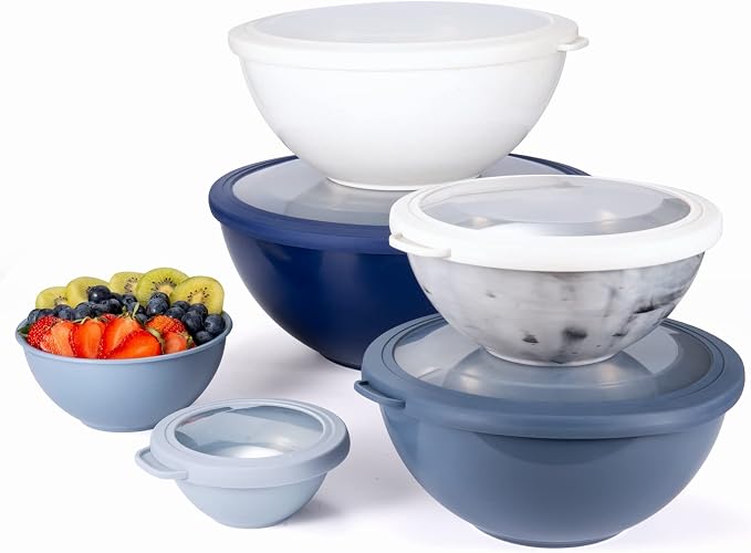 COOK WITH COLOR Mixing Bowls with Lids - 12 Piece Plastic Nesting Bowls Set includes 6 Prep Bowls, Microwave Safe Mixing Bowl Set, Blue and White TPR Lids - Image 7