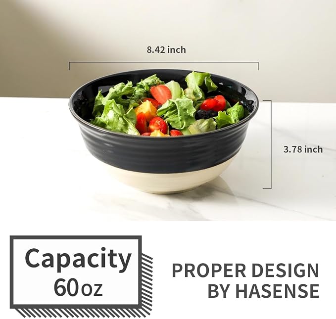 HASENSE Large Porcelain Serving Bowls Set of 2, 60 Oz 8.5 Inch Black & Beige Stoneware Mixing Bowls, Farmhouse Bowls for Salad, Soup & Pasta, Dishwasher & Microwave Safe - Image 2