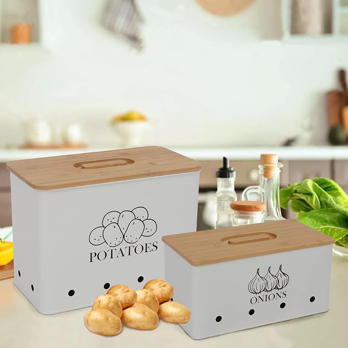 Potato Onion Storage Box, Food Container Sets, Storage Canisters for Vegeatables, Set of 2 Jars Pots Containers, Potato & Onion Bin with Aerating Tin Storage Holes & Bamboo Lid-White - Image 6