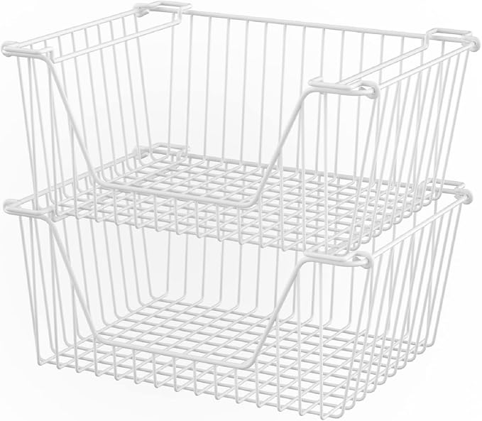 Slideep 14'' Large Stackable Storage Baskets Cabinet Organizer Sturdy Metal Wire Pantry Freezer Bin for Pantry Home Bathroom Kitchen Organization White - 2 Pack by WelcometotheSlideep