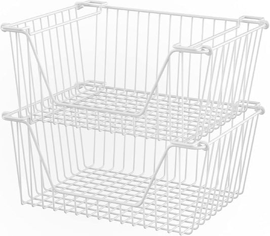 Slideep 14'' Large Stackable Storage Baskets Cabinet Organizer Sturdy Metal Wire Pantry Freezer Bin for Pantry Home Bathroom Kitchen Organization White - 2 Pack by WelcometotheSlideep
