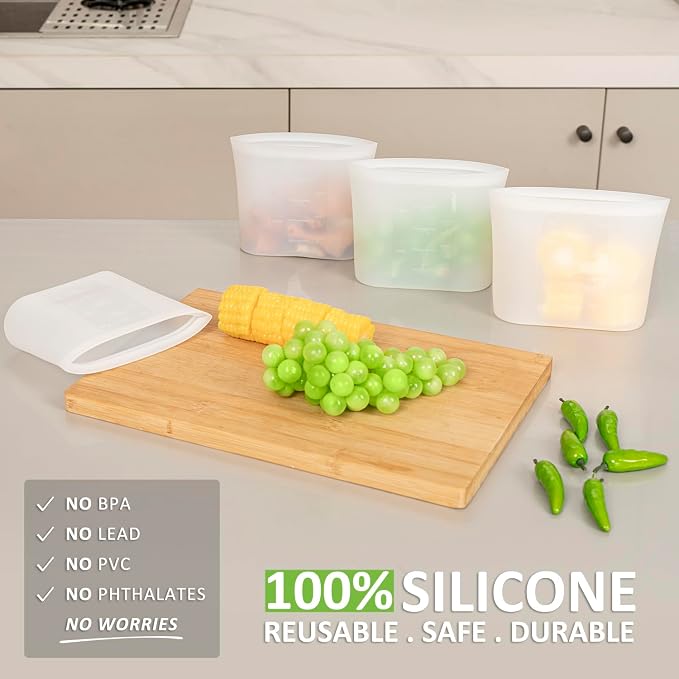 Reusable Snack Bags, 4 Pack, Stand Up 100% Silicone Reusable Storage Bag, Ziplock Silicone Food Storage Containers Snack Size, Freezer Microwave Oven Dishwasher Safe, Translucent, 16oz - Image 2