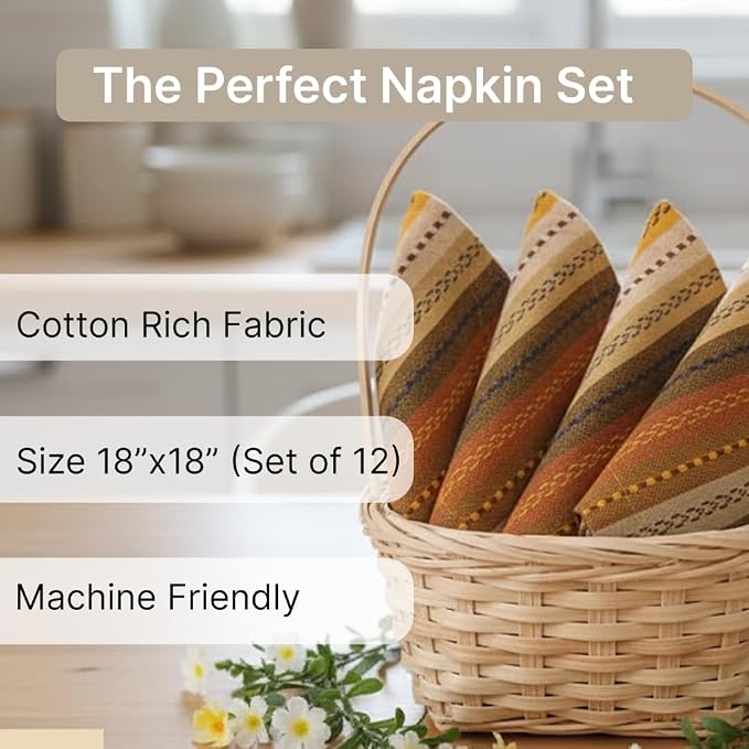 LFH Home Cotton Rich Cloth Salsa Napkin Set of 12 Washable Soft Durable Striped Table Napkins for Dining Wedding, Daily Use Reusable Eco-Friendly Napkins for Elegant Table Settings(18x18)-Golden Multi - Image 2