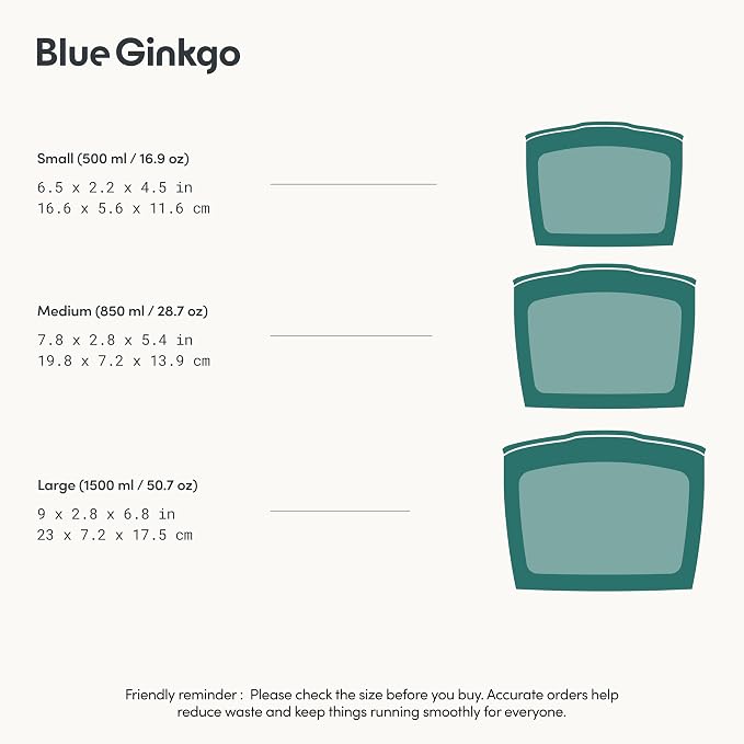 Blue Ginkgo Silicone Food Storage Bags, 3-Pack, Reusable, Made in Korea | Leakproof. Stand Up. Freezer and Dishwasher Safe. (Forest Green) - Image 3