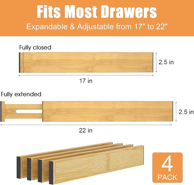 Bamboo Drawer Dividers, Adjustable Drawer Organizers, Fits 17.6–21" Drawers | 2.5" High, 4 Pack Expandable Drawer Separators for Kitchen, Nursery, Dressers & Office Storage, Natural - Image 3