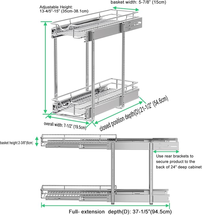 DINDON Pull Out Cabinet Organizer (7-1/2" W x 21-1/2"D), Cabinet Pull Out Shelves, 2 Tier Pull Out Drawers for Kitchen Cabinets, Wire Basket Slide Out Shelf for Cabinet Organization - Image 5