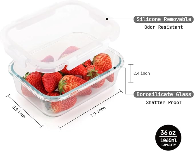 Cuiselect 5 Pack 36 Oz Glass Meal Prep Containers with Lids, Reusable Glass Food Storage Containers with Lids, Leak Proof, Microwave, Oven, Freezer and Dishwasher Safe (White) - Image 4