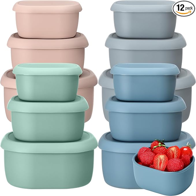 12 Pcs Silicone Food Storage Containers with Lids,Mo Landi Color | Reusable, 3 Size Silicone Lunch Box Bento, Freezer Dishwasher Safe, 6.7oz, 10oz, 20oz by Blushtier