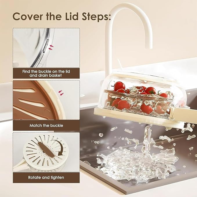 2026 New 2-in-1 Draining and Preservation Basket: Simplify Washing & Storing, Multifunctional Fruit and Vegetable Washing Bowl, Drain & Freshness Basket with Foldable Handle, Strainer, Lid (Brown, S) - Image 4