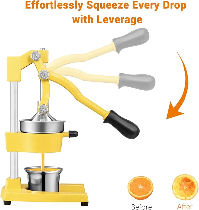 TONGCHANT Cast Iron Manual Juicer for Orange Lemon Lime Pomegranate &Citrus | Heavy Duty Orange Juicer Squeezer, Hand Press Juicer, Citrus Press, Stainless Steel Cup, Easy to Clean, Yellow - Image 5