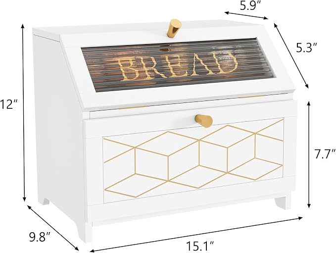 HOLTICO Double Layer Bread Box With Golden Trim for Countertop, Wooden Bread Container for Kitchen Counter, Corner Bread Storage (White) | Wooden Bread Container for Kitchen Counter, Large Capacity Bread Keeper, Farmhouse Food Organizer with Glass Window - Image 7