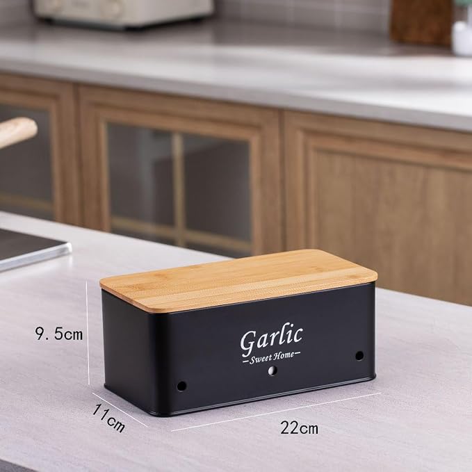Kitchen Vegetable Storage Tins Set Of 3, Potato Onion Garlic Canisters | Storing potatoes, onions, and garlic. Features aerating holes to keep vegetables fresh and wooden lids for a stylish look - Image 6