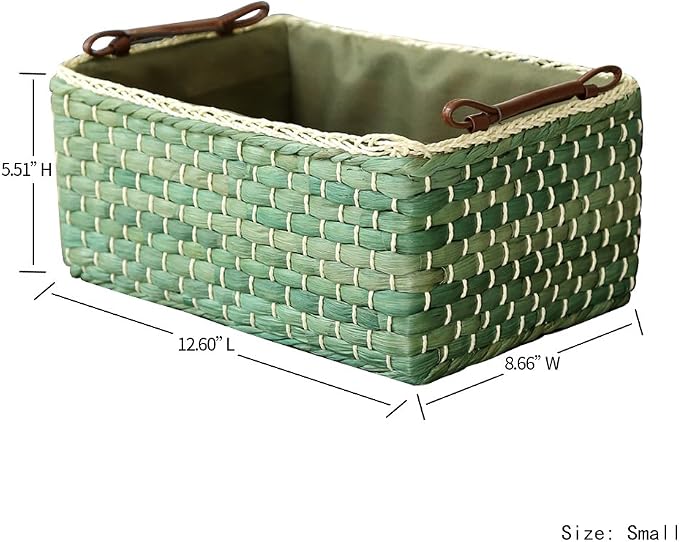 Basket Woven Maize Straw Storage with Handle, Kingwillow(Rectangular,Green Small:12.60"Lx8.66"Wx5.51"H) - Image 2