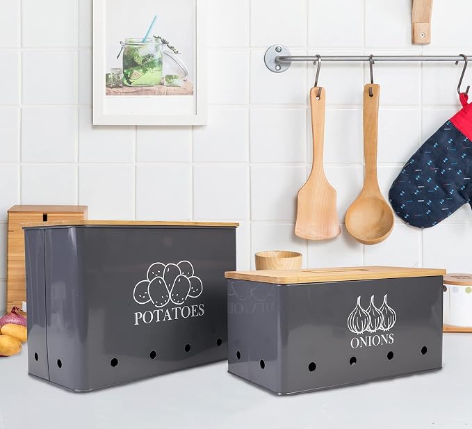 Potato and Onion Storage Bin Set of 2, Vented Metal Vegetable Storage with Wooden Lids, Farmhouse Kitchen Canisters for Countertop Pantry Organizer, Potato Bin Onion Holder for Produce Storage, Grey - Image 5