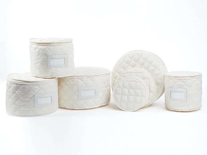 Covermates Keepsakes Dish Storage Set – Padded China & Dinnerware Storage Cases with Dividers, Cup & Stemware Storage, Quilted Polyester Protection, ID Window, Cream by Covermates