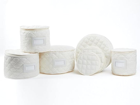 Covermates Keepsakes Dish Storage Set – Padded China & Dinnerware Storage Cases with Dividers, Cup & Stemware Storage, Quilted Polyester Protection, ID Window, Cream by Covermates