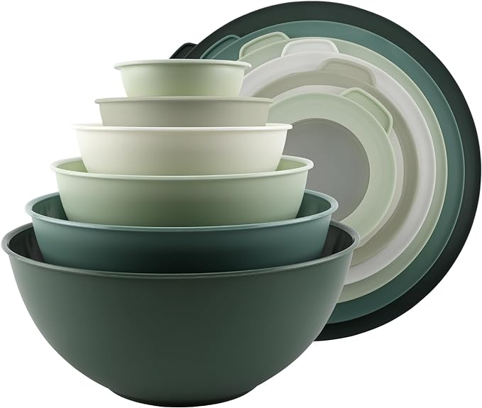 COOK WITH COLOR Mixing Bowls with TPR Lids - 12 Piece Plastic Nesting Bowls Set includes 6 Prep Bowls and 6 Lids - Microwave Safe (Sage) by CookwithColor