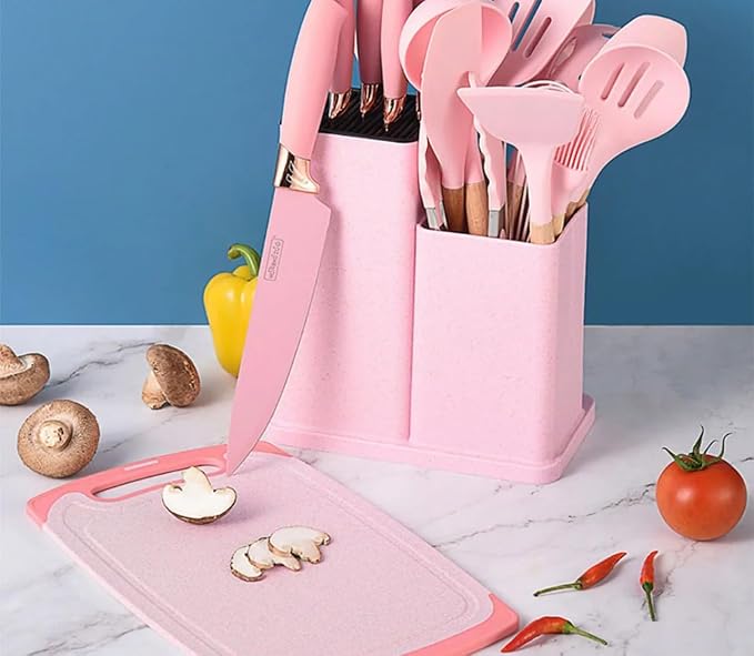 19 Piece Kitchenware Utensils and Knife Set- includes: 9 Piece Silicone Cooking Utensils- 5 Piece Sharp Stainless Steel Chef Knives- Scissors -Whisk Tongs and Cutting Board (Pink) - Image 3