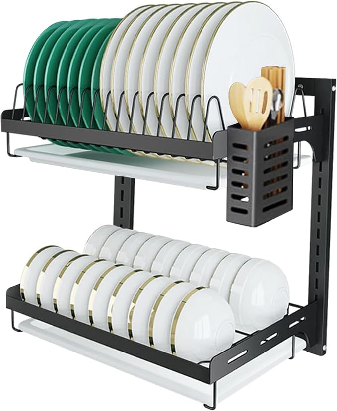 Hanging Dish Drying Rack, Wall Mounted Dish Rack Kitchen, 2 Tier Plate Organizer Wall Mount, Stainless Steel Dish Drainer Storage Shelf with Drainboard, Cutlery Holder, Black, Ajustable Height ( 16" ) by USHARP