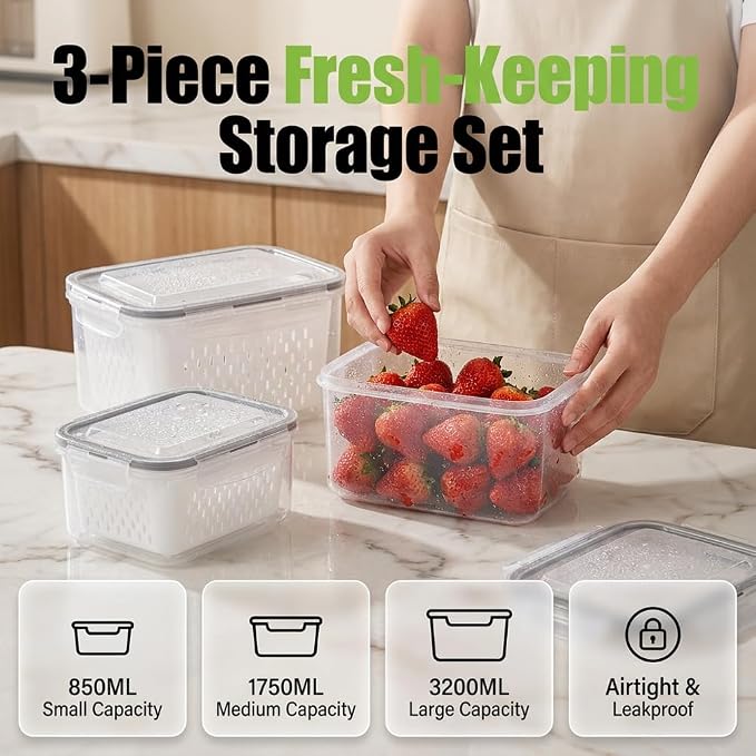 Fruit Storage Containers with Removable Colander (Green 6PCS, Medium) | Leakproof Produce Containers for Fridge, Produce Storage Containers, Fridge Organizers and Storage for Fruit, Vegetables - Image 4