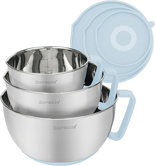 Stainless Steel Mixing Bowls Set with Lids,1.5,3 & 5 Qt,Light Blue | Non-Slip Silicone Base,Precision Pour Spout,Ergonomic Easy-Grip Handle,Measurement Marks,Airtight Lids,Cooking & Meal Prep by Rorence
