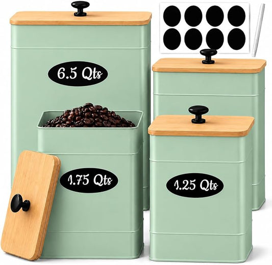 Kitchen Canister Set of 4, Sage Green Airtight Metal Flour Sugar Containers | 4 Practical Capacities, Flat Bamboo Lids, Wide Openings, Reusable Chalkboard Labels & Marker, Countertop and Pantry Organized by Unknown
