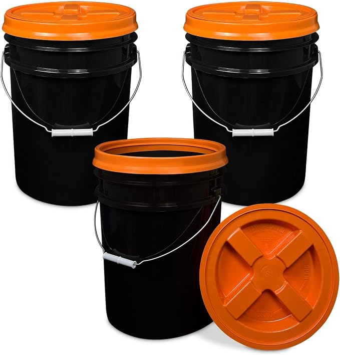 5 Gallon Bucket - Food Grade w/Lid BPA-Free, Black/Orange, 3 | Airtight Gamma Seal Screw-On Lid, Heavy-Duty 90 Mil HDPE Plastic, Food Safe and Durable Container, Bulk Storage, Made in USA by ePackageSupply