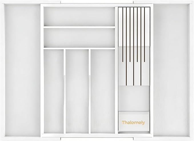 Bamboo Kitchen Drawer Organizer, Expandable Silverware Organizer with Removable Knife Block, 6-8 Slots- Utensil Holder & Cutlery Tray Drawer Dividers, 2.36" Deep for Extra Capacity, White - Image 2