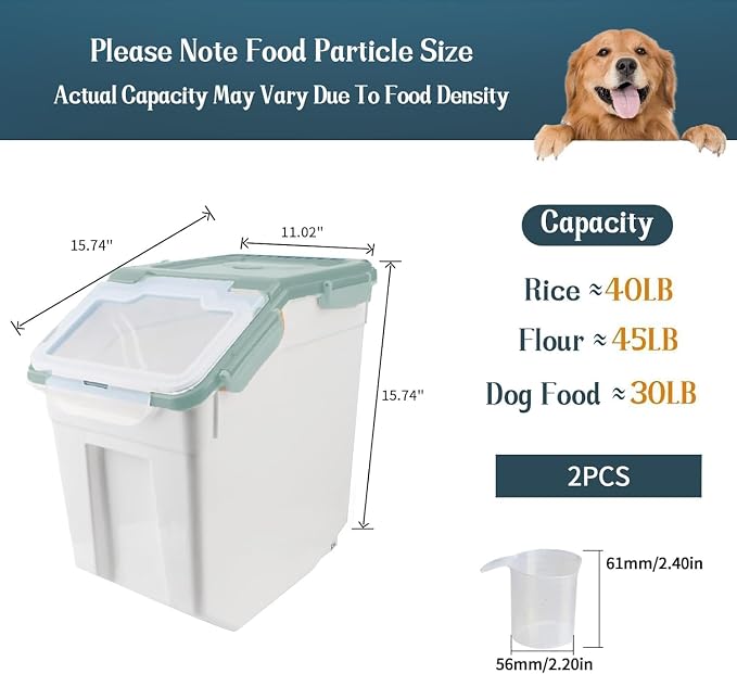 Rice Storage Container 2 Pack 50 lb Flour Storage Container with Wheels, BPA Free Food Storage Container with Measuring Cup Dog Cat Food Bin Set for Dry Food Sugar, Cereal-Green - Image 3