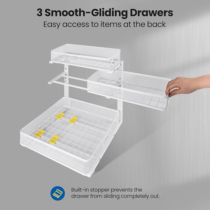 Under Sink Organizer, 3-Tier Pull Out Cabinet Organizer with Drawer Stops, Height Adjustable Slide Out Storage Rack for Kitchen Bathroom Pantry Laundry Room Organization, 2 Pack - Image 4