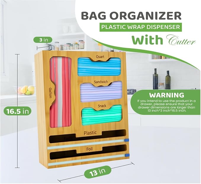 Storage Bag organizer, 6 in 1 Foil and Plastic Wrap Dispenser with Cutter, Bamboo Kitchen Drawer Organizer Food Bag Organizer for Gallon, Quart, Sandwich, Snack Bags (Natural) - Image 2