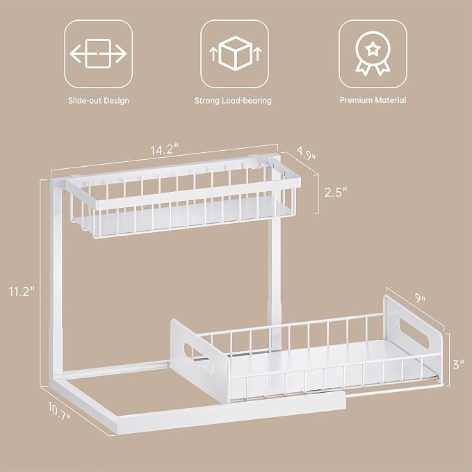 Under Sink Organizer and Storage 2 Pack, Slide Out Cabinet Organizer, Pull Out Sink Shelf for Kitchen Bathroom Laundry, White - Image 3