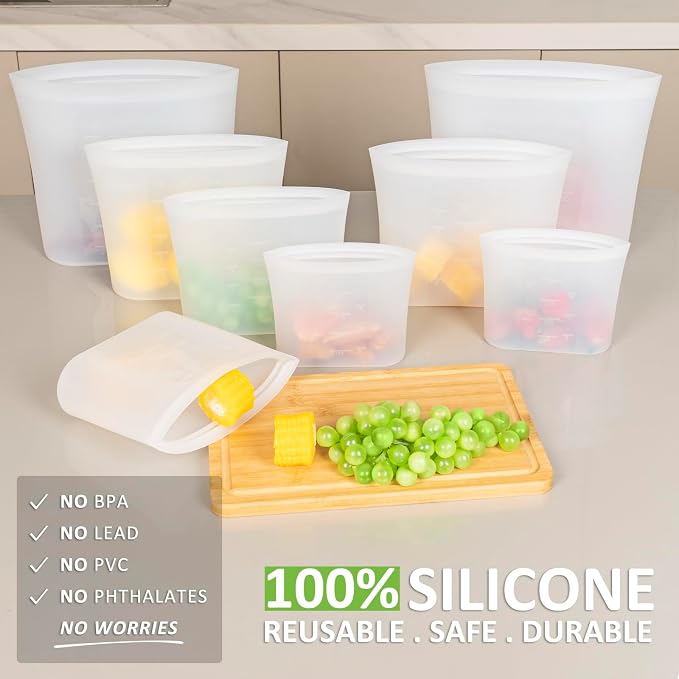 Reusable Storage Bag, 12 Pack 100% Silicone Food Storage Bags Stand Up Zip Lock Bags for Food, Freezer Microwave Oven Dishwasher Safe, 3 Extra Large(0.8 Gallon) 3 Medium 3 Small 3 X-Small, Translucent - Image 2