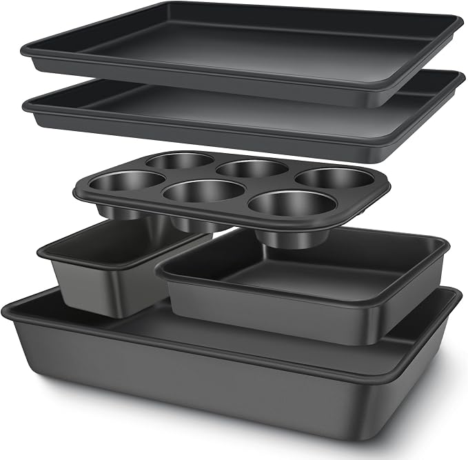 Baking Pans Set, Nonstick Bakeware Sets, Oven Pans for Cooking, AIVIKI 6 Pieces Baking Sheets Set Including Cookie Sheet, Deep Roaster Pan, Square Pan, Loaf Pan, Muffin Pan, Carbon Steel Baking Set by AIVIKI