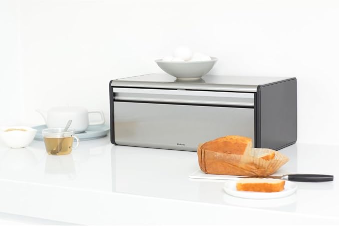 Brabantia Rectangular Fall Front Bread Box | Matt Steel | Large Metal Front Opening Bread Store for Kitchen Countertop | Flat Top for Extra Storage, Magnet Closing Lid | Fits 2 Loaves - Image 7