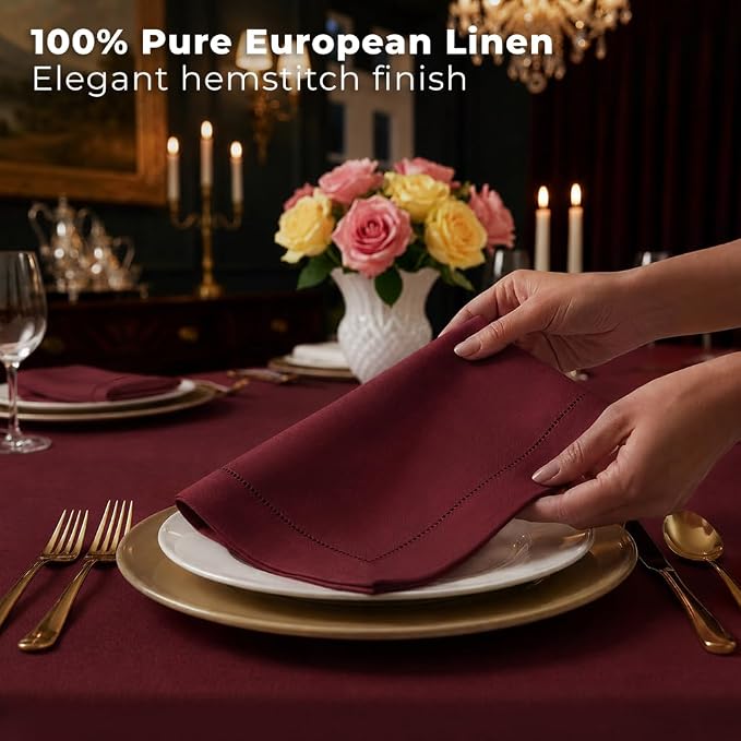 Signature Linen™ by D'Moksha Red Garnet Dinner Napkins Set of 4, 20 x 20 Inch Cloth Napkins, 100% Pure Linen, Hemstitch, Machine Washable Table Napkins- Summer, Weddings, Outdoor hostings - Image 3