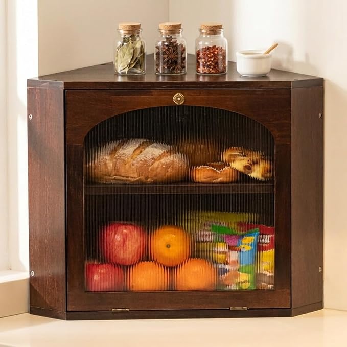 Corner Bread Box for Kitchen Countertop, Wood Bread Box, Walnut | Solid Pine Wood, 2-Tier Large Capacity, Vintage Farmhouse Breadbox, Wooden Bread Storage Container, Adjustable Shelf by CheerNest