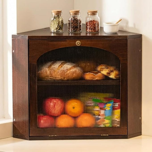 Corner Bread Box for Kitchen Countertop, Wood Bread Box, Walnut | Solid Pine Wood, 2-Tier Large Capacity, Vintage Farmhouse Breadbox, Wooden Bread Storage Container, Adjustable Shelf by CheerNest