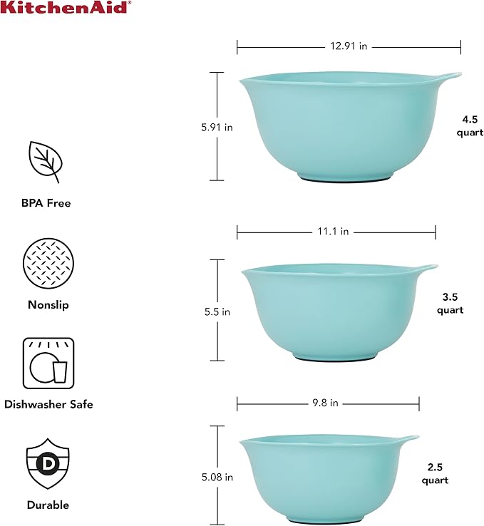 KitchenAid Universal Nesting Plastic Mixing Bowls with Non Slip Base and Pour Spout, Dishwasher Safe, Set Of 3, 2.5 quart, 3.5 quart and 4.5 quart, Aqua Sky - Image 3