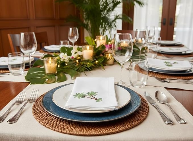 Embroidered Cloth Napkin Palm Tree Cotton Napkins Set of 6, 20 x 20 Hemstitch Table Napkins, Machine Washable, for Daily & Holiday Dining, Great Gift Ideas - Image 8