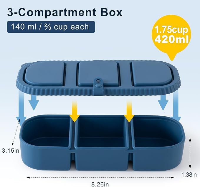 3 Pack Silicone Reusable Snack Containers with Lids - 3 Compartment Snackle Box for Kids & Adults, BPA-Free & Leakproof, Small for Dressing, Sauces, School, Office, Picnic（Blue, yellow, pink） - Image 2