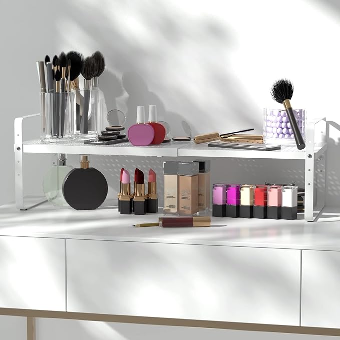Expandable Kitchen Cabinet Shelf Organizer 16.5"-27" L x 8" W, White | 80LBS Heavy Duty Riser, Adjustable Counter Shelf for Cabinets, Countertop, Cupboard Organizers and Storage, Spice Rack - Image 4