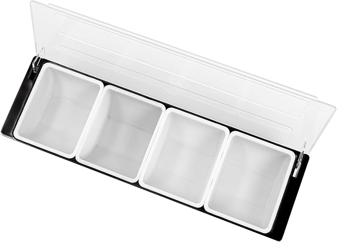 Restaurantware Bar Lux 19.6 x 6.3 x 3.7 Inch Condiment Caddy 1 Durable Bar Caddy - 4 Removable Compartments Built-In Lid Black Plastic Condiment Holder For Restaurant Store Cocktail Garnish - Image 13