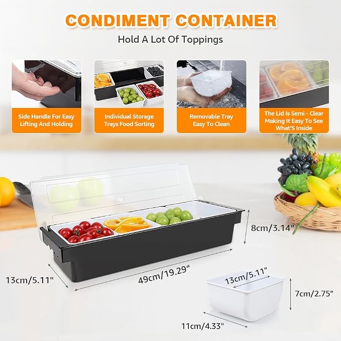 Chilled Condiment Caddy Server With Lid 4 Compartment Garnish Tray | Plastic Condiment Container Garnish Tray For Bartenders,Bar Condiment Fruit Caddy With Lid And Removable Trays - Image 2
