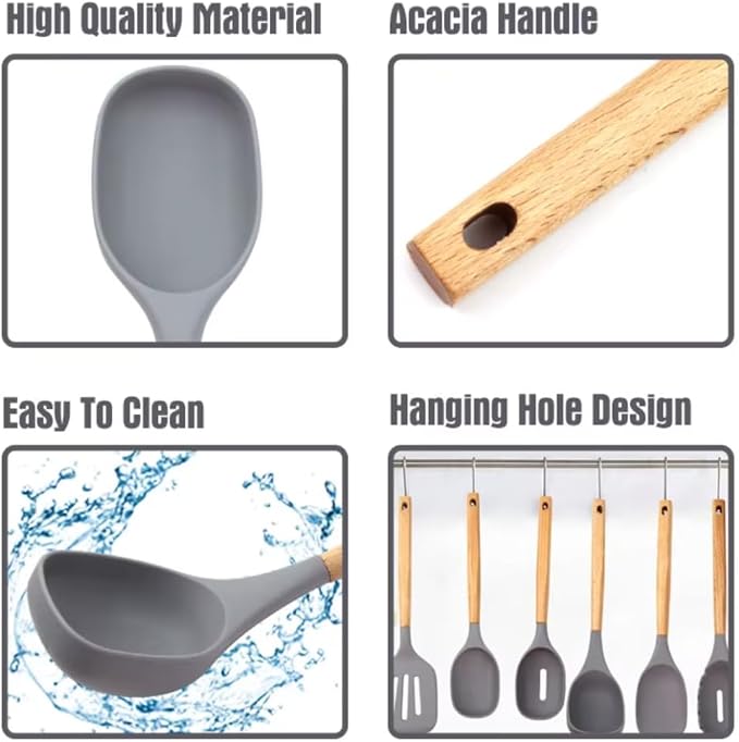 Premium Silicone Kitchen Utensil Set – 7-Piece Cooking Tools with Acacia Wood Handles and Bamboo Holder, Non-Stick, Heat Resistant, BPA-Free, Elegant Kitchen Gift (Grey -7pcs) - Image 4