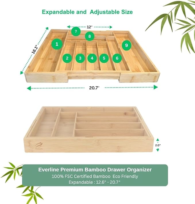 EVERLINE Expandable Bamboo Drawer Organizer for Kitchen Utensils | Adjustable Silverware Organizer Tray, 7-9 Compartments, Natural Bamboo, Cutlery & Kitchen Storage - Image 3